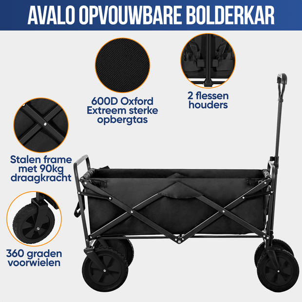 Avalo Bolderkar - Opvouwbaar - Tot 90KG - 72x47x47 CM - 65L - 360º Wielen - Zwart