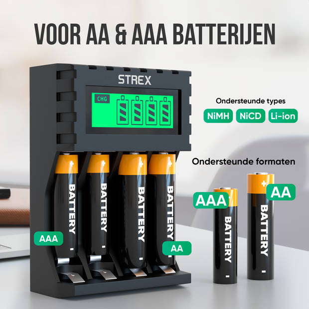 Strex Batterij Oplader - AA/AAA Batterijen - USB Oplaadbaar - LCD Display - Universele Batterijlader Voor Oplaadbare