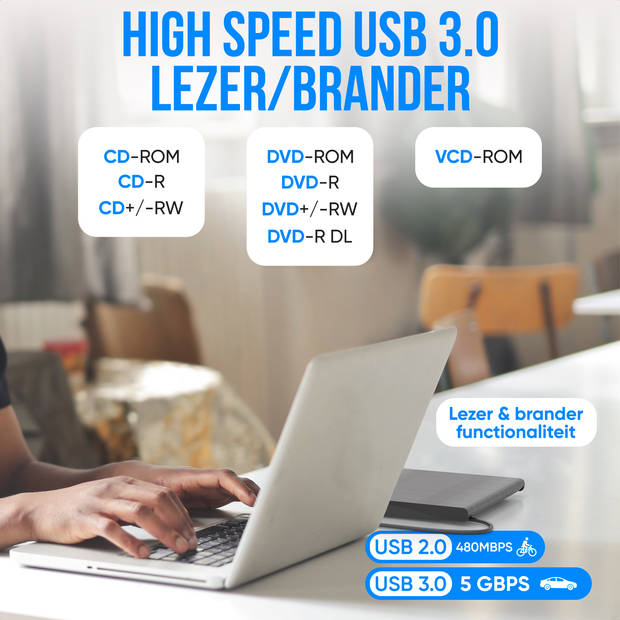 Strex Externe DVD Speler en Brander - CD/DVD - Plug & Play - USB 3.0 DVD Speler - Geschikt voor Windows, Mac en Linux -