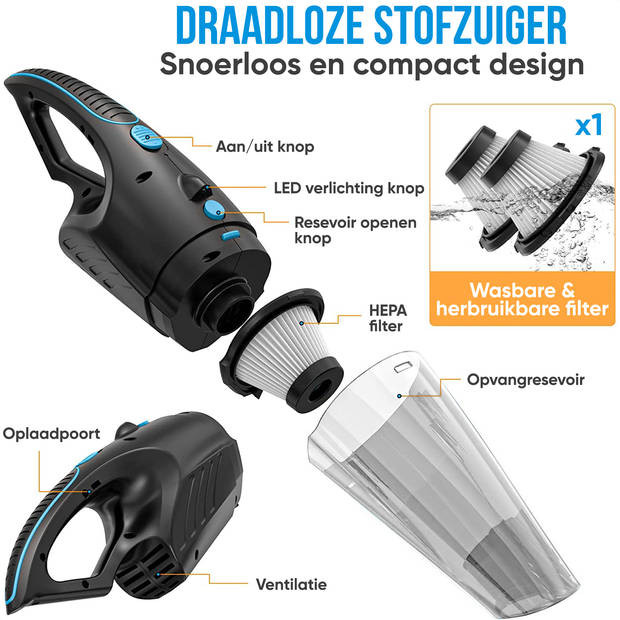 Strex Kruimeldief - Snoerloos - Kruimelzuiger Nat & Droog - 3 Opzetstukken - 14000PA - HEPA Filter - LED Verlichting -