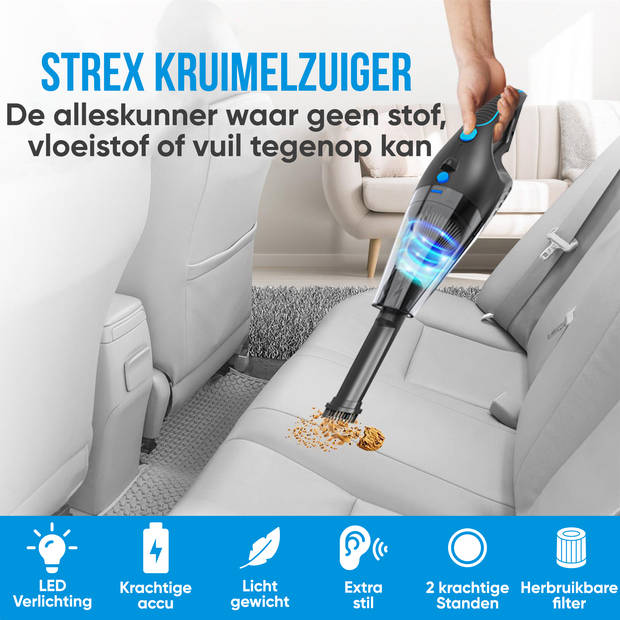Strex Kruimeldief - Snoerloos - Kruimelzuiger Nat & Droog - 3 Opzetstukken - 14000PA - HEPA Filter - LED Verlichting -