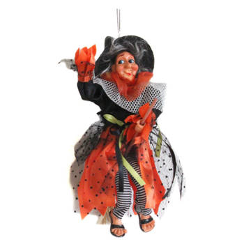 Halloween decoratie heksen pop op bezem - 25 cm - zwart/oranje - Halloween poppen