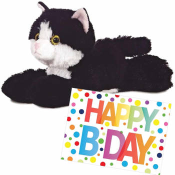 Pluche knuffel kat/poes zwart/witte 20 cm met A5-size Happy Birthday wenskaart - Knuffel huisdieren