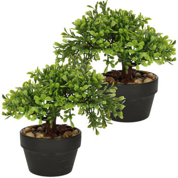 H&S Collection Kunstplant Bonsai boompje in pot - 2x - Japans decoratie - 19 cm - Type Olive - Kunstplanten