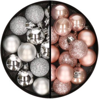 34x stuks kunststof kerstballen zilver en lichtroze 3 cm - Kerstbal