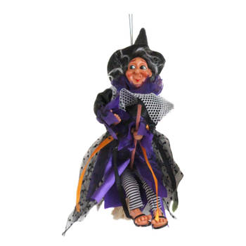 Halloween decoratie heksen pop op bezem - 25 cm - zwart/paars - Halloween poppen