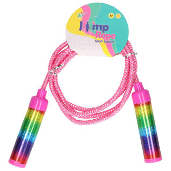 Kids Fun Springtouw speelgoed Rainbow glitters - roze - 210 cm - buitenspeelgoed - Springtouwen