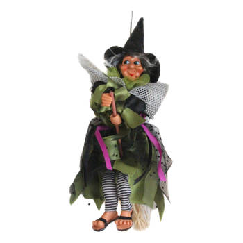 Halloween decoratie heksen pop op bezem - 25 cm - zwart/groen - Halloween poppen