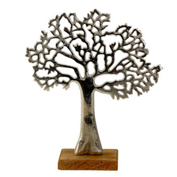 Decoratie levensboom - Tree of Life - aluminium/hout -&nbsp; 23 x 26 cm - zilver kleurig - Beeldjes
