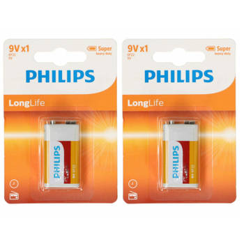 Philips 9V Long life batterij - 2x - alkaline - 9 Volt blokbatterijen - batterij 9v blok