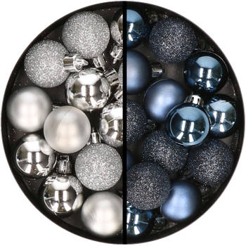 34x stuks kunststof kerstballen zilver en donkerblauw 3 cm - Kerstbal