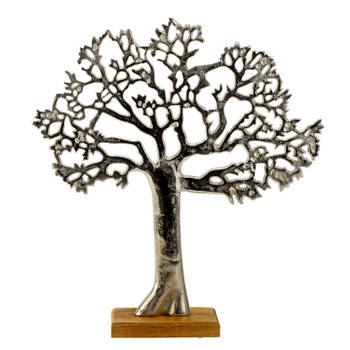 Decoratie levensboom - Tree of Life - aluminium/hout -A  31 x 34 cm - zilver kleurig - Beeldjes