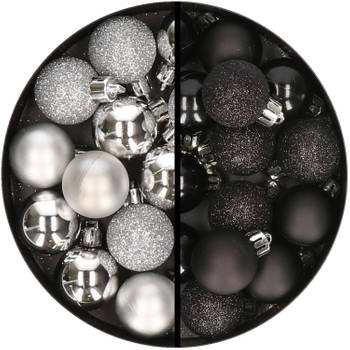 34x stuks kunststof kerstballen zilver en zwart 3 cm - Kerstbal