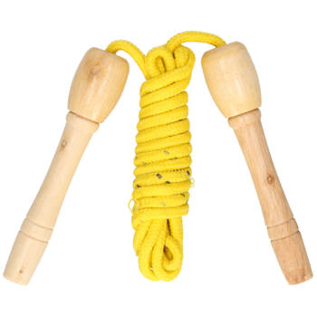 Kids Fun Springtouw speelgoed met houten handvat - geel - 240 cm - buitenspeelgoed - Springtouwen