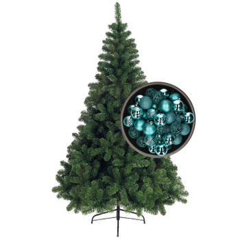 Bellatio Decorations kunst kerstboom 210 cm met kerstballen turquoise blauw - Kunstkerstboom