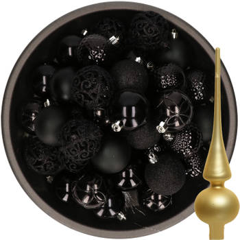 37x stuks kunststof kerstballen 6 cm zwart incl. glazen piek mat goud - Kerstbal