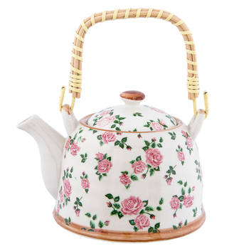 HAES DECO - Chinese Theepot - Porselein - Roze Rozen - Theepot 700 ml - Traditioneel Theeservies, Theekan