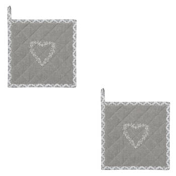 HAES DECO - Set van 2 Pannenlappen - 20x20 cm - 100% Katoen - Lovely Heart