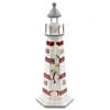Vuurtoren beeldje met LED licht - Hout - 9 x 22 cm - wit/rood - Maritieme decoraties binnen - Beeldjes
