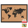 Prikbord wereldkaart met 40x punaises gekleurd - 60 x 40 cm - kurk - Prikborden