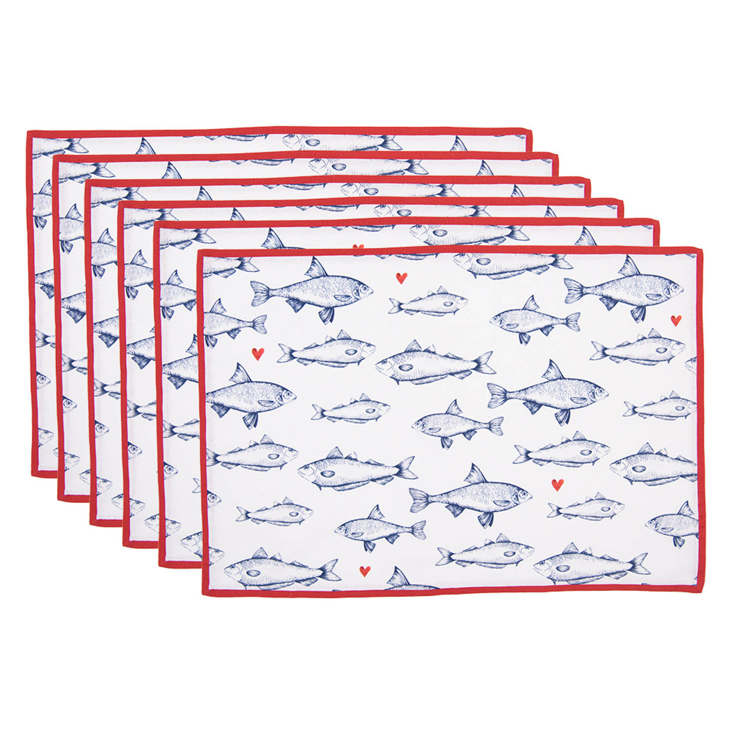 HAES DECO - Set van 6 Placemats - formaat 48x33 cm - kleuren Wit / Blauw / Rood - van 100% Katoen - Collectie: Sun Sea & Fish
