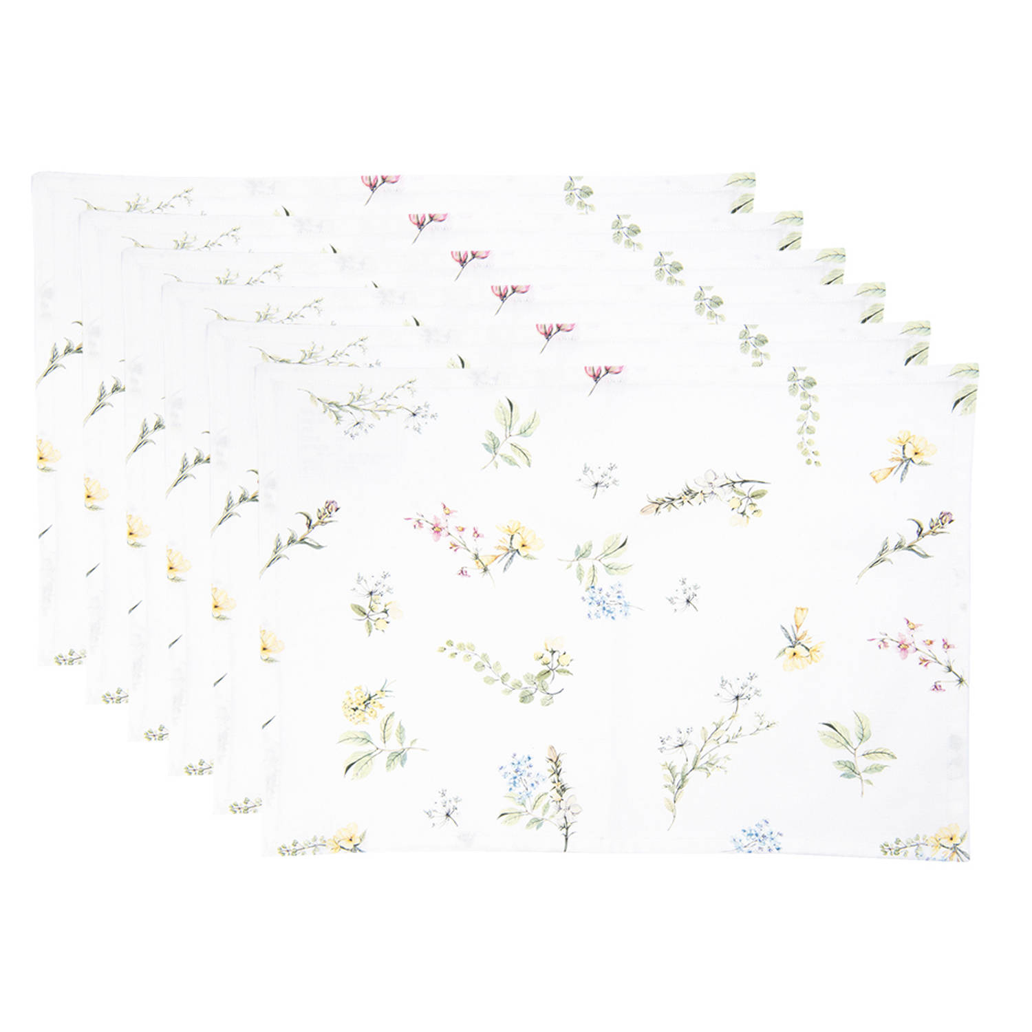 HAES DECO - Set van 6 Placemats - formaat 48x33 cm - kleuren Wit / Groen - van 100% Katoen - Collectie: Happy Florals