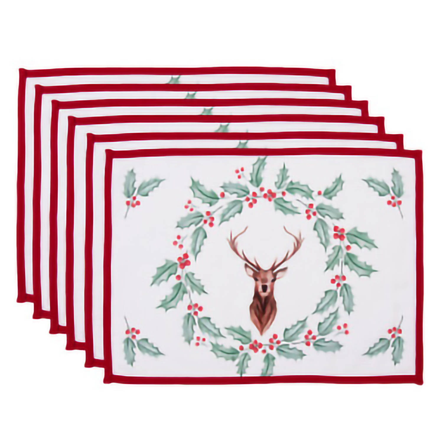 HAES DECO - Set van 6 Placemats - formaat 48x33 cm - kleuren Wit / Rood / Bruin / Groen - van 100% Katoen - Collectie: Holly Christmas - Kerst Placemats
