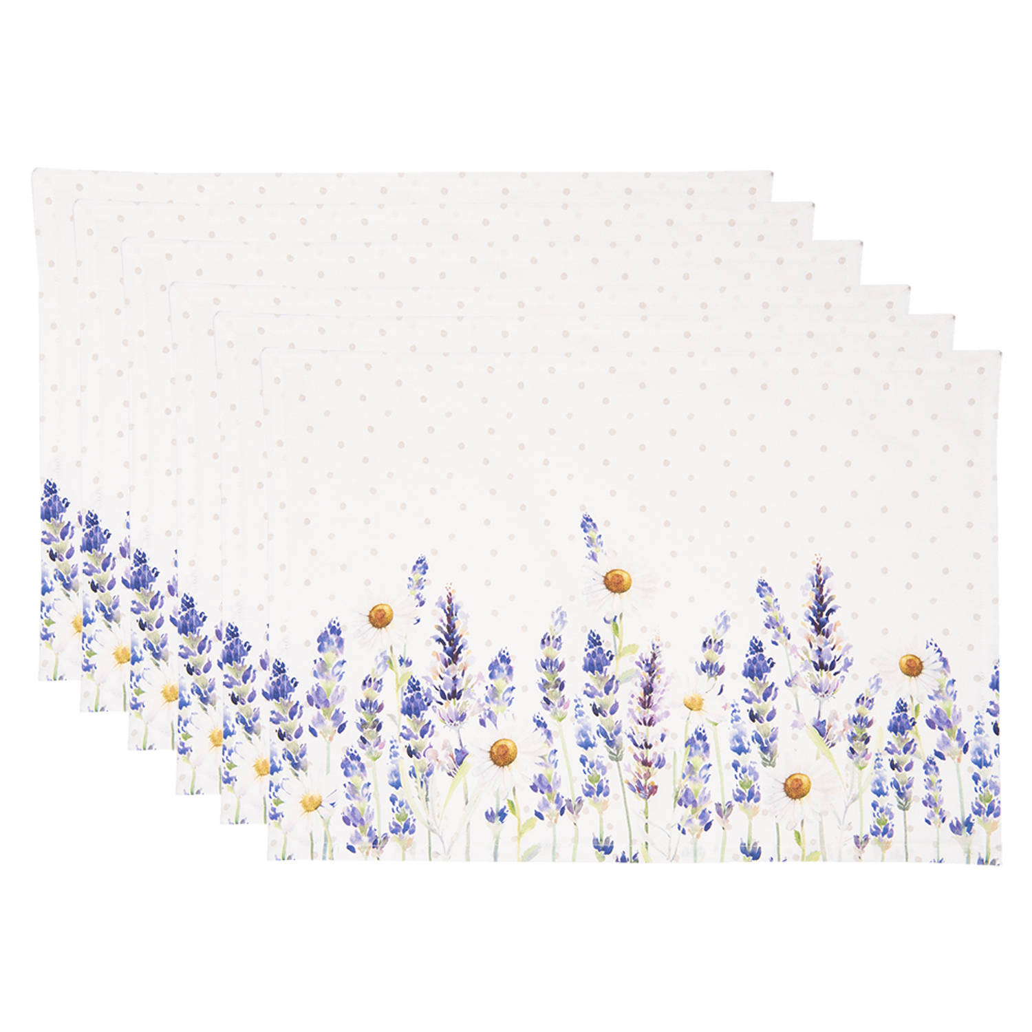 HAES DECO - Set van 6 Placemats - formaat 48x33 cm - kleuren Wit / Paars / Geel - van 100% Katoen - Collectie: Lavender Field