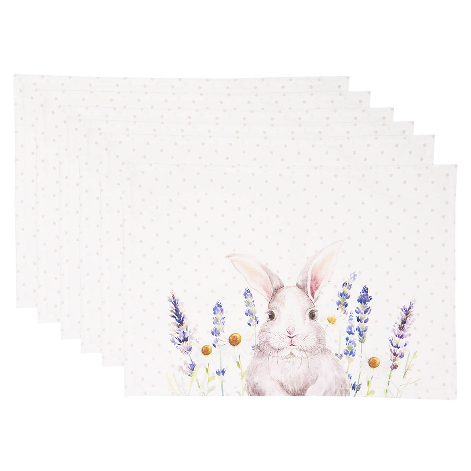 HAES DECO - Set van 6 Placemats - formaat 48x33 cm - kleuren Wit / Paars / Geel - van 100% Katoen - Collectie: Lavender Field