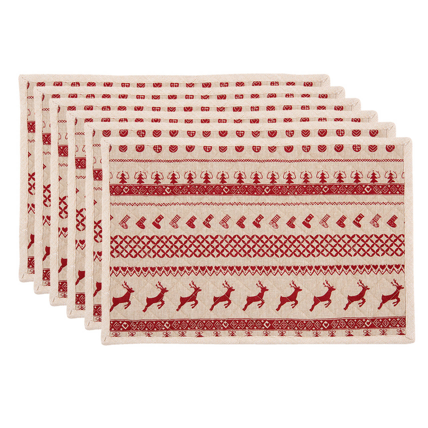HAES DECO - Set van 6 Placemats - formaat 48x33 cm - kleuren Rood / Beige - van 100% Katoen - Collectie: Nordic Christmas - Kerst Placemats