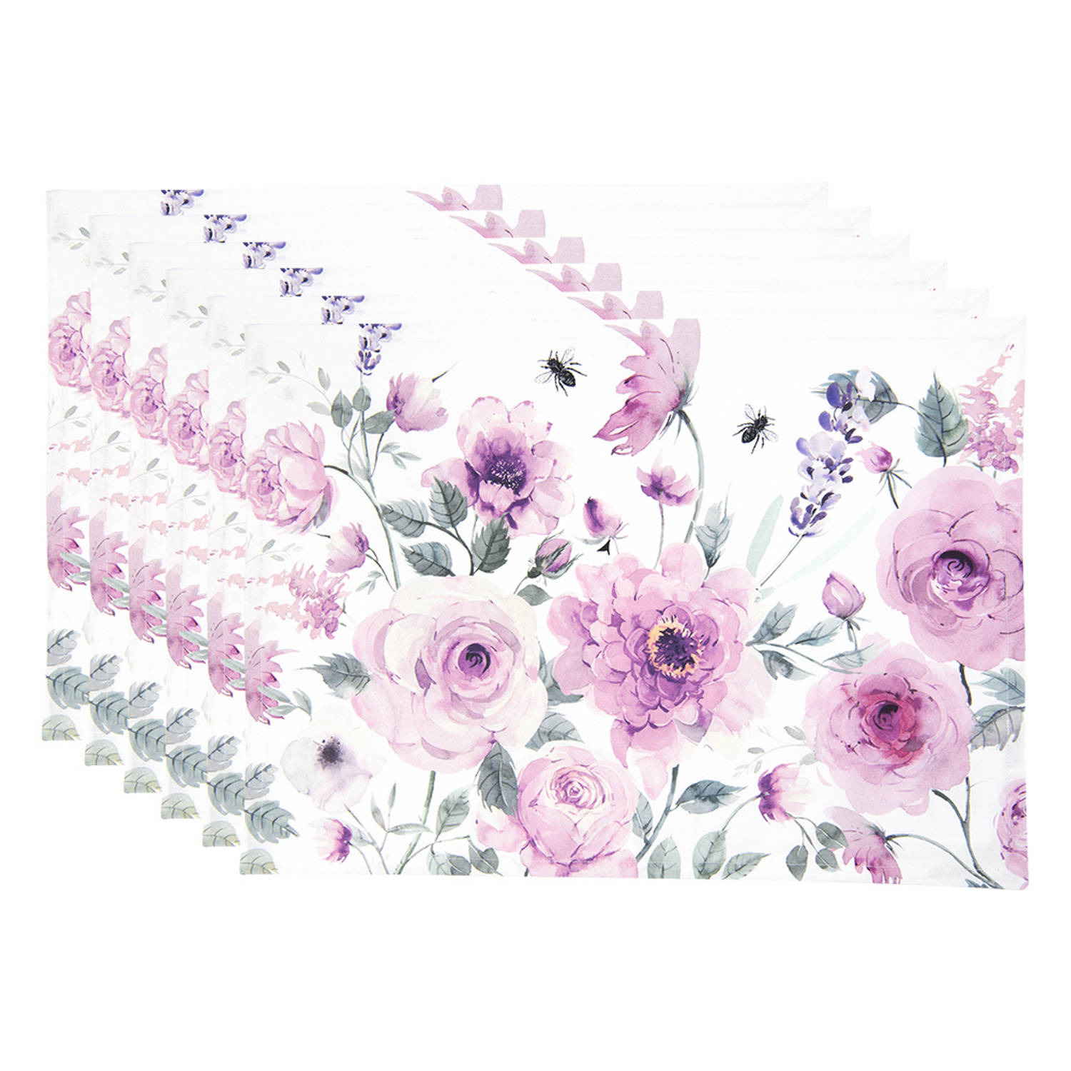HAES DECO - Set van 6 Placemats - formaat 48x33 cm - kleuren Paars / Roze / Wit /Groen - van 100% Katoen - Collectie: Roses and Butterflies