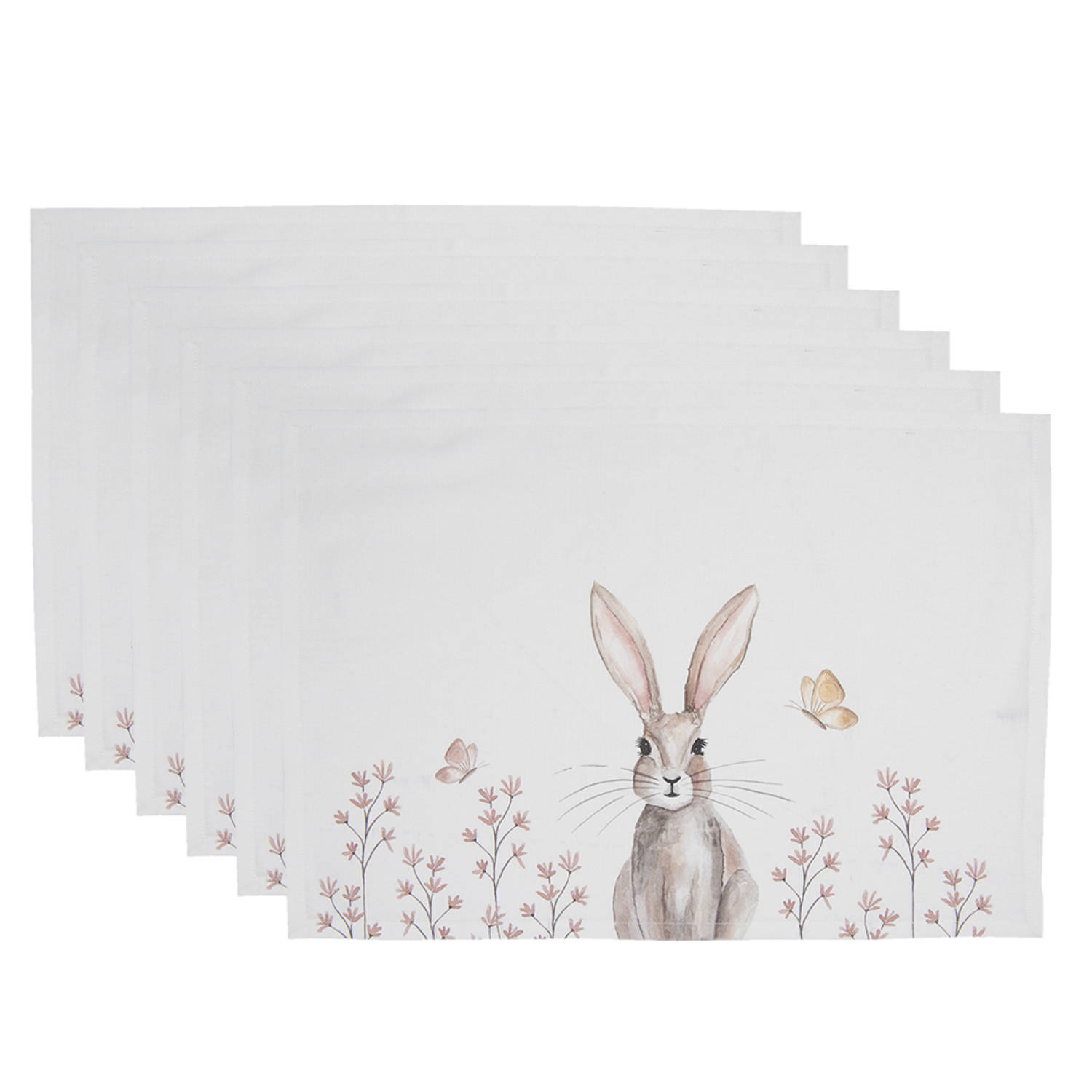 HAES DECO - Set van 6 Placemats - formaat 48x33 cm - kleuren Bruin / Wit - van 100% Katoen - Collectie: Rustic Easter Bunny