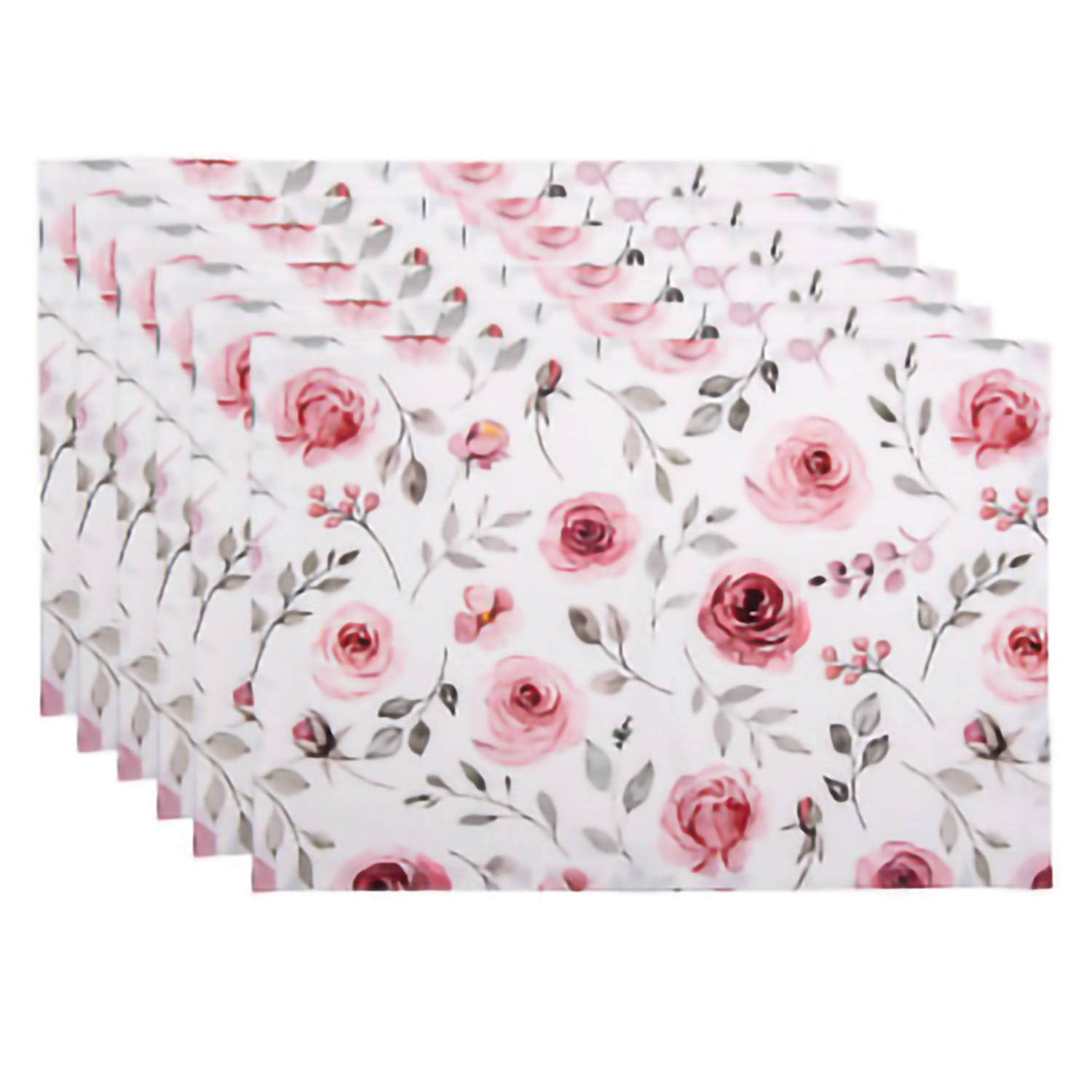 HAES DECO - Set van 6 Placemats - formaat 48x33 cm - kleuren Roze / Groen / Wit - van 100% Katoen - Collectie: Rustic Rose