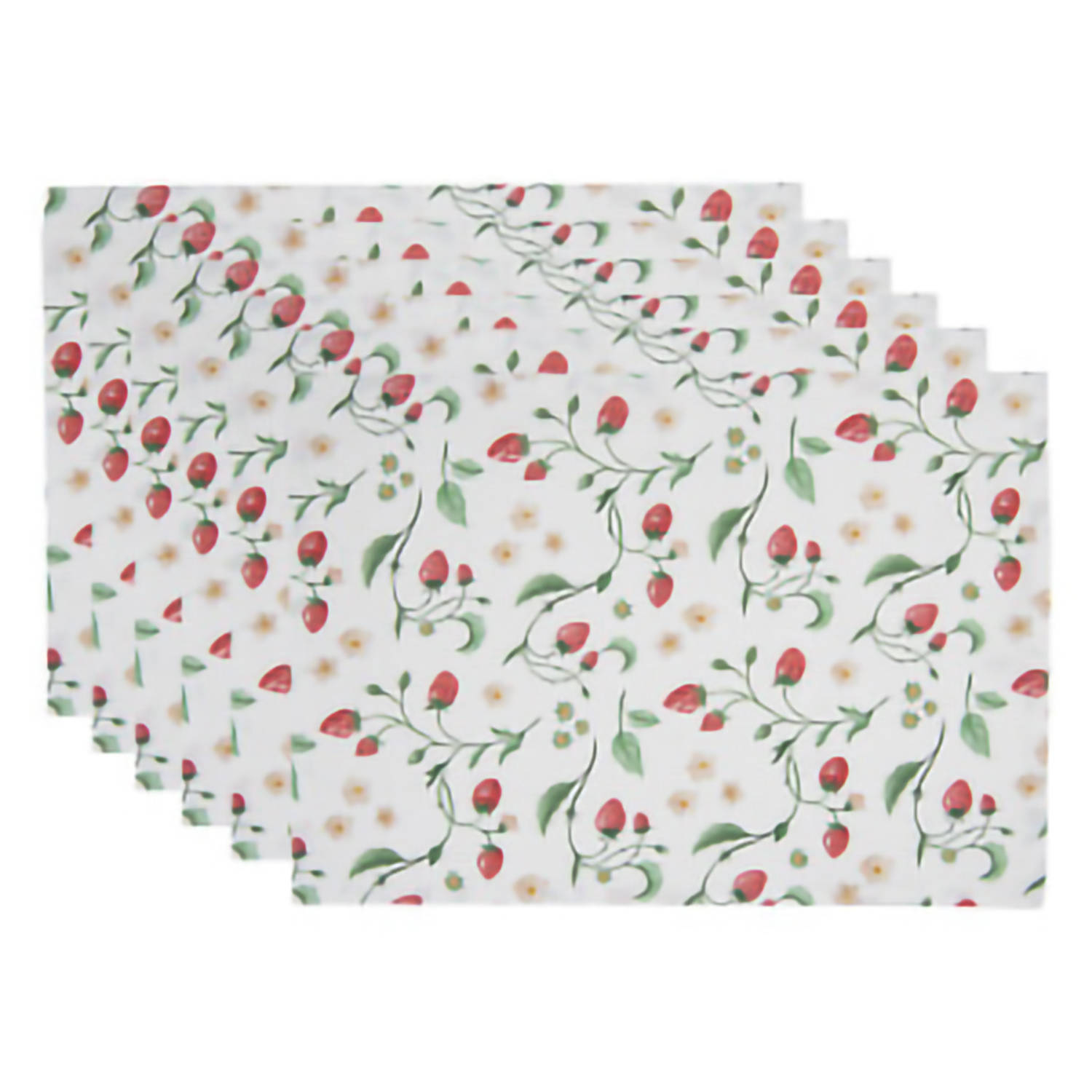 HAES DECO - Set van 6 Placemats - formaat 48x33 cm - kleuren Rood / Groen / Wit - van 100% Katoen - Collectie: Wild Strawberries