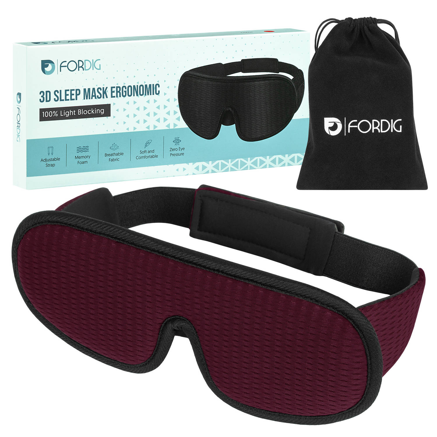 ForDig Ergonomische 3D Slaapmasker - 100% Verduisterend Oogmasker Incl. Opbergetui - Ademend Traagschuim Slaap Masker - Verstelbaar Oog Blinddoek - Nachtmasker Slapen - Rood