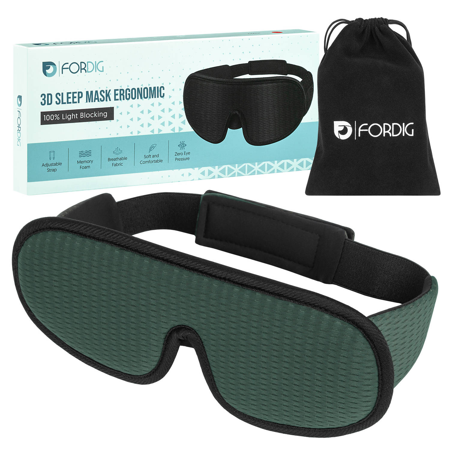 ForDig Ergonomische 3D Slaapmasker - 100% Verduisterend Oogmasker Incl. Opbergetui - Ademend Traagschuim Slaap Masker - Verstelbaar Oog Blinddoek - Nachtmasker Slapen - Groen