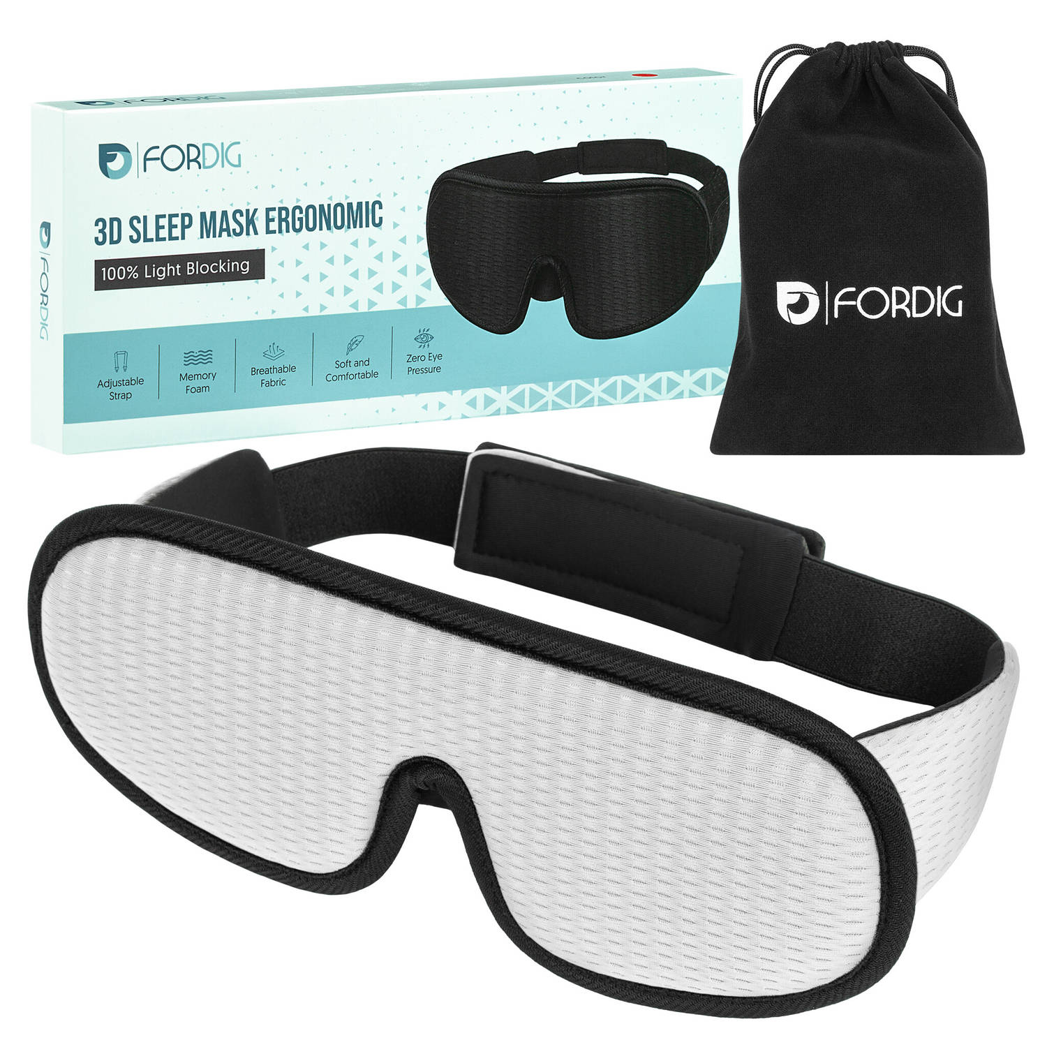 ForDig Ergonomische 3D Slaapmasker - 100% Verduisterend Oogmasker Incl. Opbergetui - Ademend Traagschuim Slaap Masker - Verstelbaar Oog Blinddoek - Nachtmasker Slapen - Wit