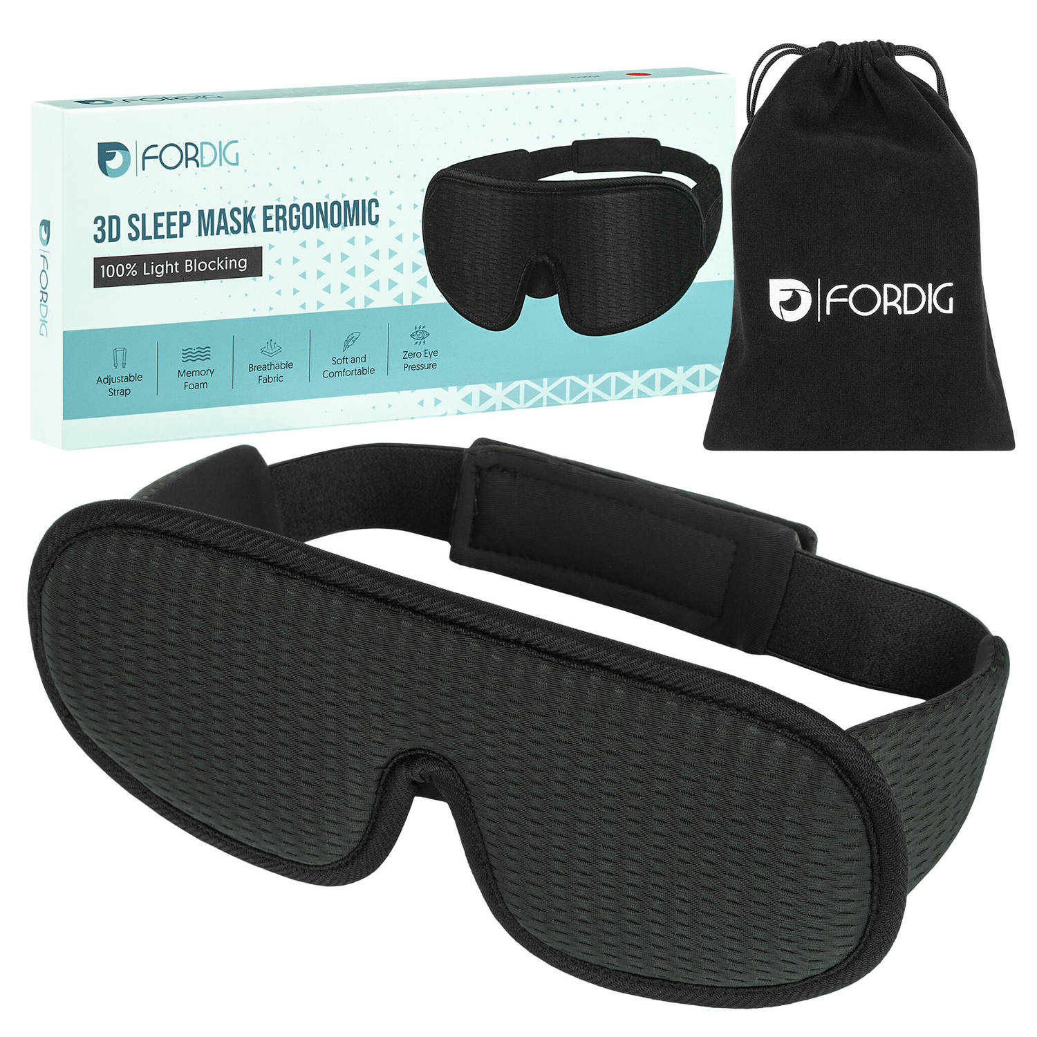 ForDig Ergonomische 3D Slaapmasker - 100% Verduisterend Oogmasker Incl. Opbergetui - Ademend Traagschuim Slaap Masker - Verstelbaar Oog Blinddoek - Nachtmasker Slapen - Grijs