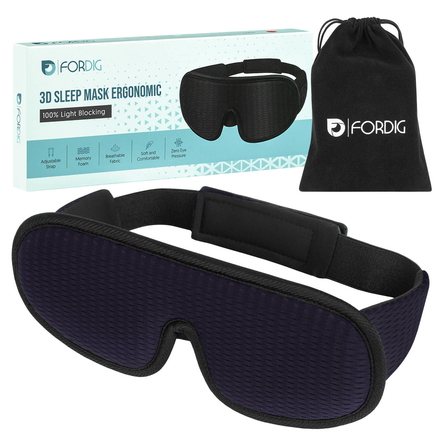 ForDig Ergonomische 3D Slaapmasker - 100% Verduisterend Oogmasker Incl. Opbergetui - Ademend Traagschuim Slaap Masker - Verstelbaar Oog Blinddoek - Nachtmasker Slapen - Blauw