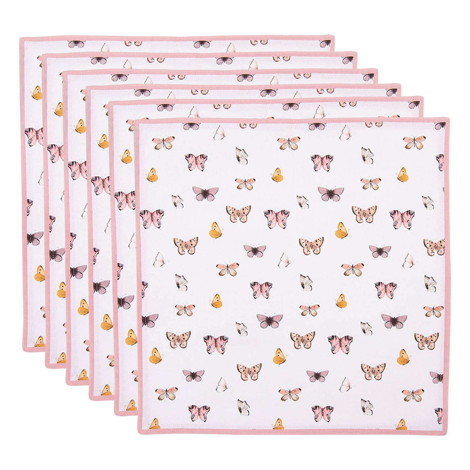 HAES DECO - Set van 6 Servetten (Textiel) - formaat 40x40 cm - kleuren Beige / Rose - van 100% Katoen - Collectie: Butterfly Paradise