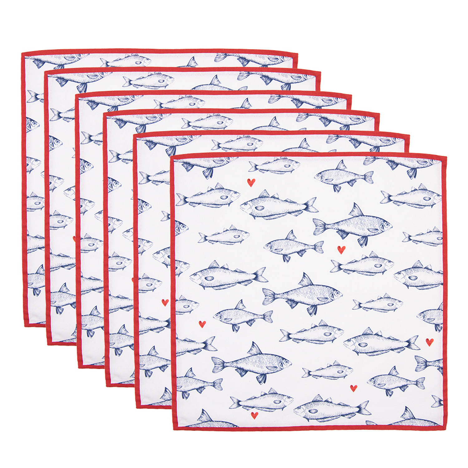 HAES DECO - Set van 6 Servetten (Textiel) - formaat 40x40 cm - kleuren Wit / Blauw / Rood - van 100% Katoen - Collectie: Sun Sea & Fish