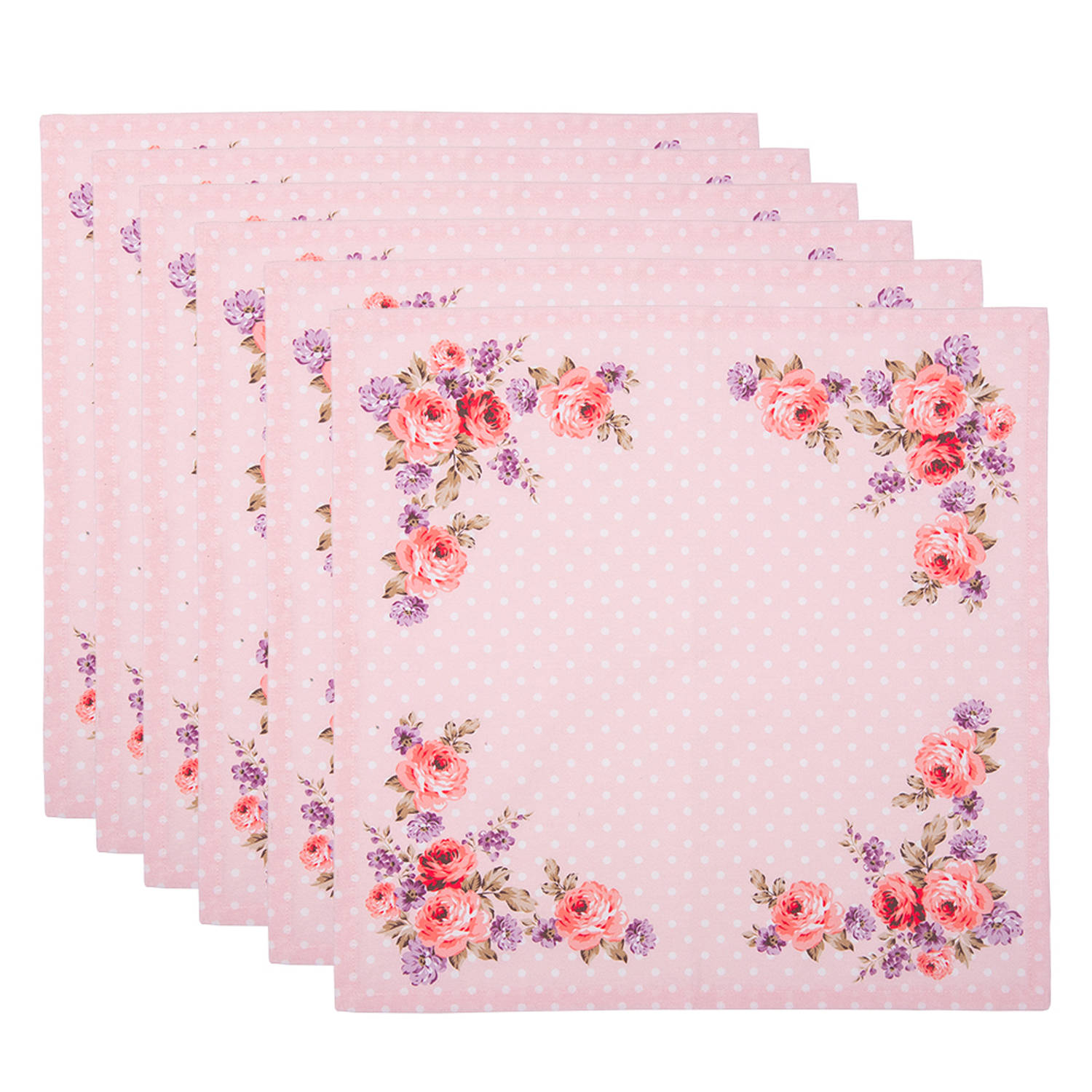 HAES DECO - Set van 6 Servetten (Textiel) - formaat 40x40 cm - kleuren Roze / Rood / Wit / Paars - van 100% Katoen - Collectie: Dotty Rose