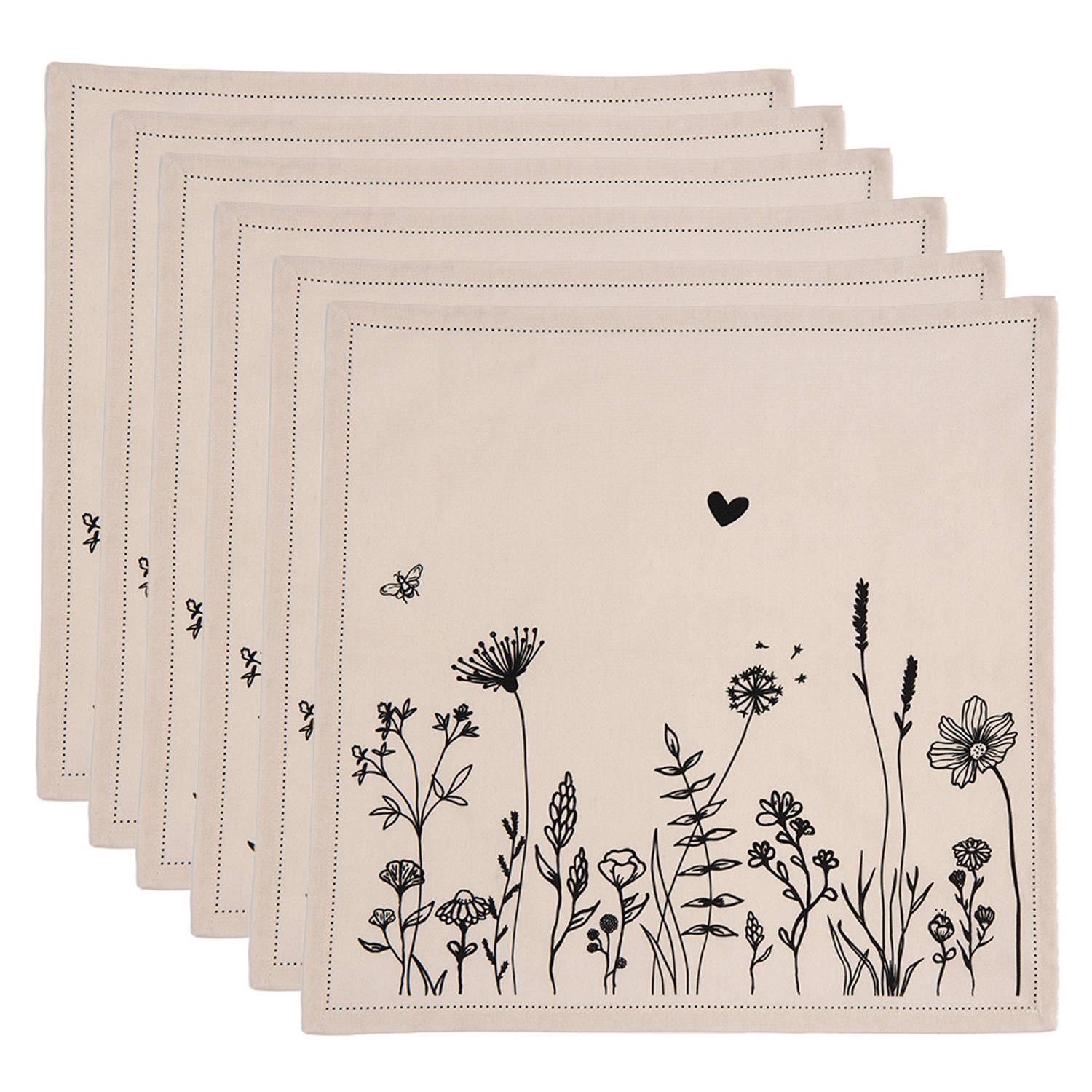 HAES DECO - Set van 6 Servetten (Textiel) - formaat 40x40 cm - kleuren Zwart / Beige - van 100% Katoen - Collectie: Flora and Fauna