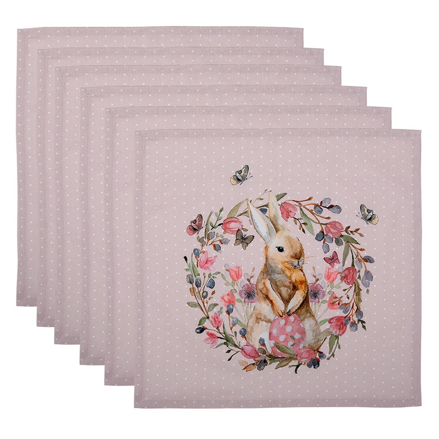 HAES DECO - Set van 6 Servetten (Textiel) - formaat 40x40 cm - kleuren Beige / Rose - van 100% Katoen - Collectie: Happy Bunny