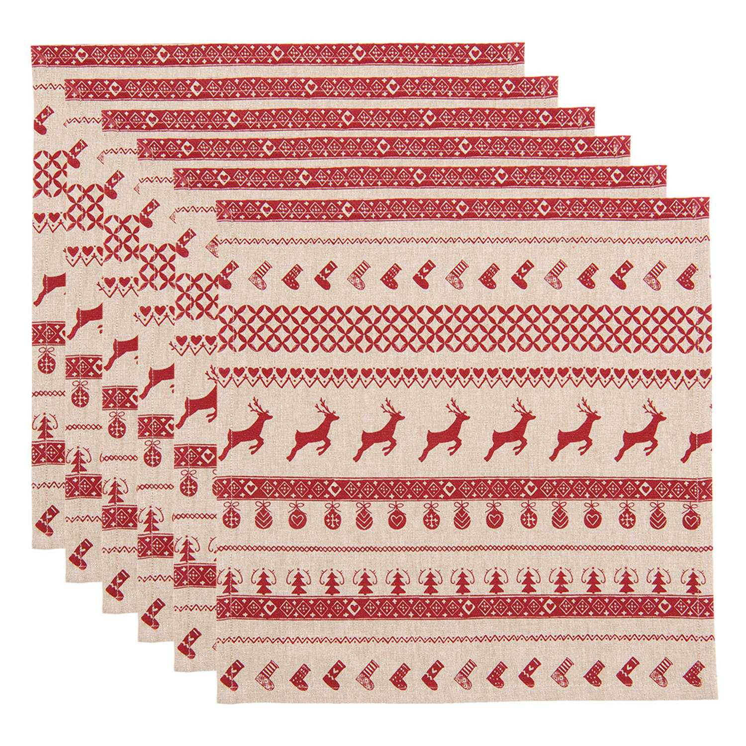 HAES DECO - Set van 6 Servetten (Textiel) - formaat 40x40 cm - kleuren Rood / Beige - van 100% Katoen - Collectie: Nordic Christmas