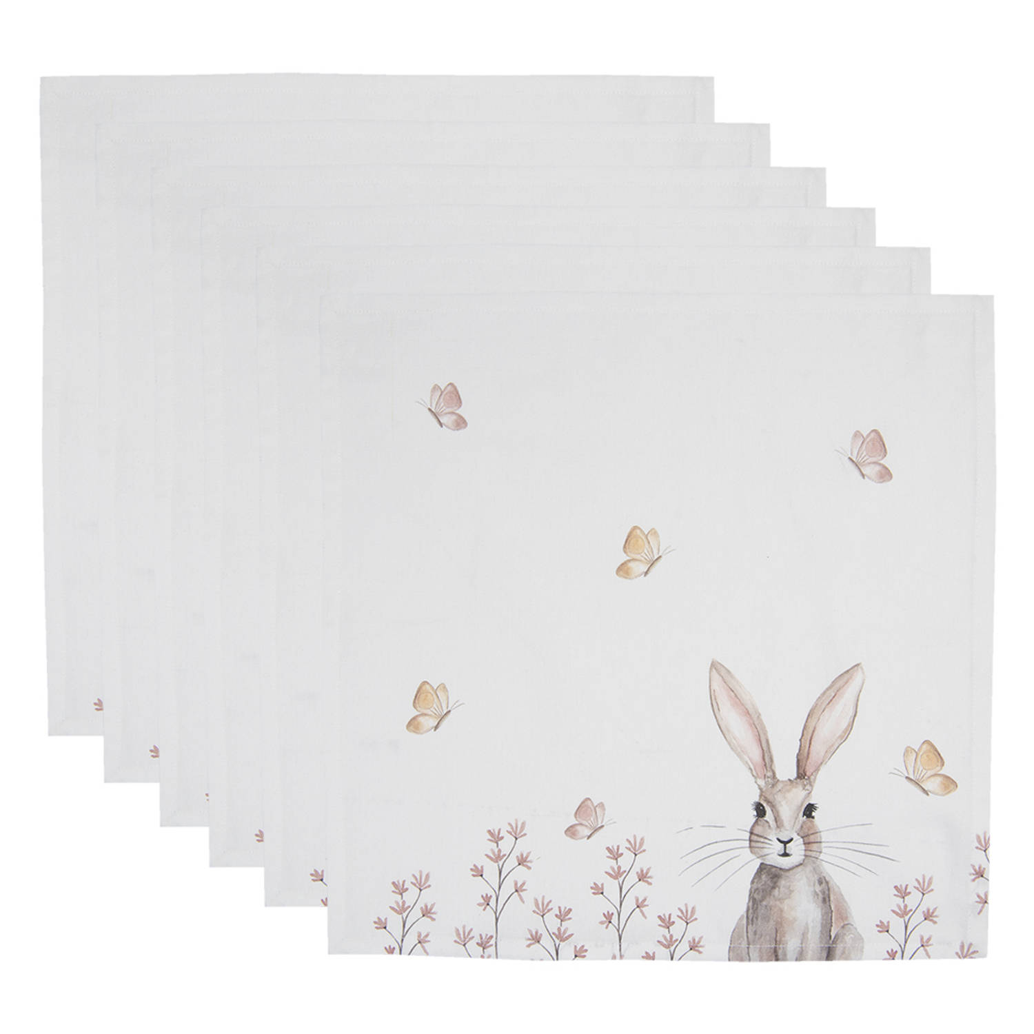 HAES DECO - Set van 6 Servetten (Textiel) - formaat 40x40 cm - kleuren Bruin / Wit - van 100% Katoen - Collectie: Rustic Easter Bunny