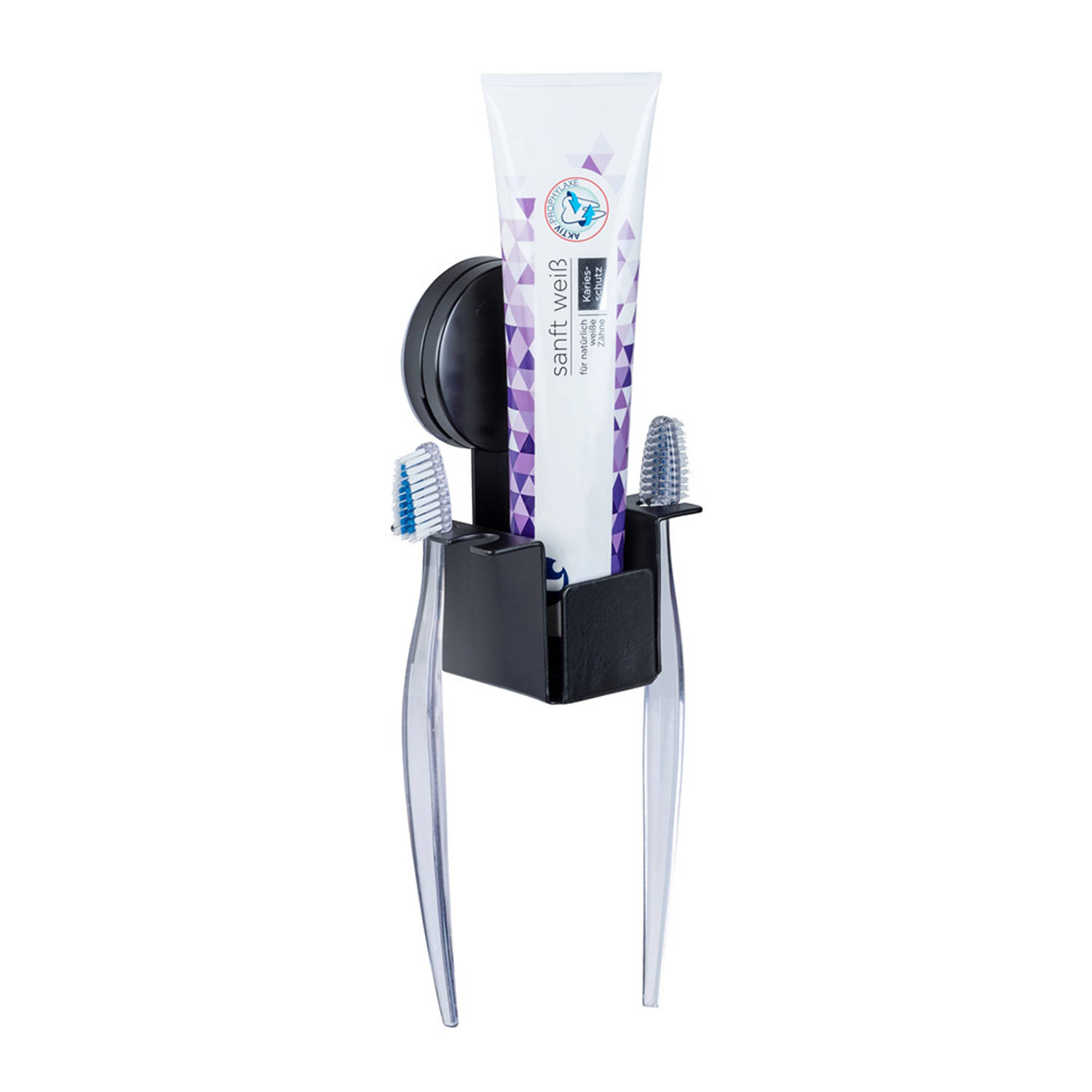 Wenko Zwarte tandenborstelhouder met zuignap - Zwart - Klaar voor gebruik, Ophangen zonder boren