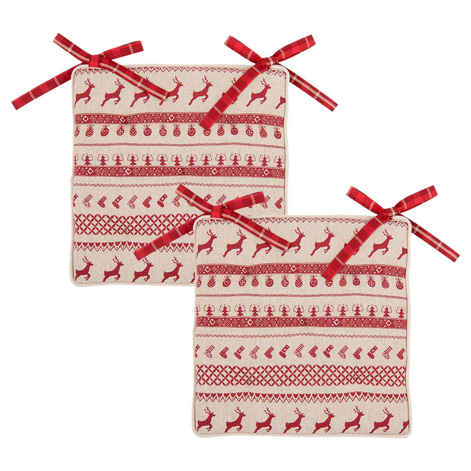 HAES DECO - Set van 2 Sierkussens - formaat 40x40x4 cm - kleuren Rood / Beige - van 100% Katoen - Collectie: Nordic Christmas - Stoelkussen, Sierkussen