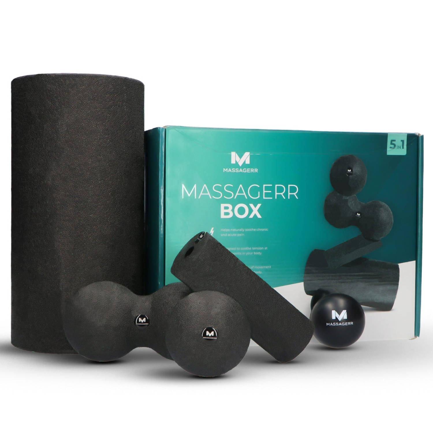 Massagerr® Box – Foamroller Set met Triggerpoint Bal & Duo Massagebal in Zwart – Massage Roller – Foam Roller – Fascia - Fitness - Massage Set – Incl. Stressbal