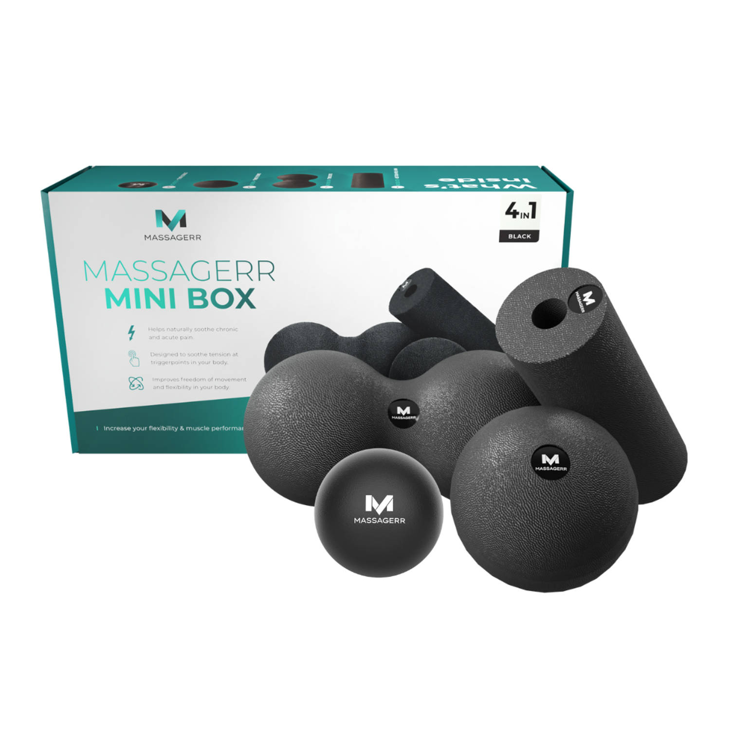 Massagerr® Mini Box - Massage Bal - Duo Massagebal - Mini Foam Roller - Stressbal - Triggerpoint Roller Set - Zwart
